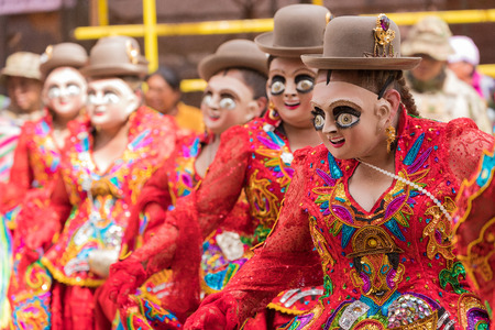 ORURO, BOLIVIA - FEBRUARY 10, 2018: Dancers at Oruro Carnival in Bolivia, declared UNESCO Cultural...