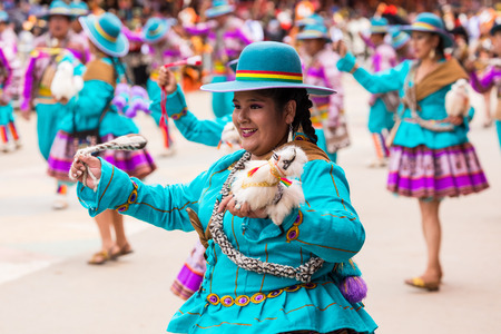 ORURO, BOLIVIA - FEBRUARY 10, 2018: Dancers at Oruro Carnival in Bolivia, declared UNESCO Cultural World Heritag on February 10, 2018 in Oruro, Boliviaのeditorial素材