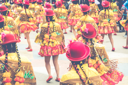 ORURO, BOLIVIA - FEBRUARY 10, 2018: Dancers at Oruro Carnival in Bolivia, declared UNESCO Cultural...