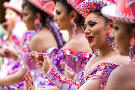 ORURO, BOLIVIA - FEBRUARY 10, 2018: Dancers at Oruro Carnival in Bolivia, declared UNESCO Cultural World Heritag on February 10, 2018 in Oruro, Boliviaのeditorial素材