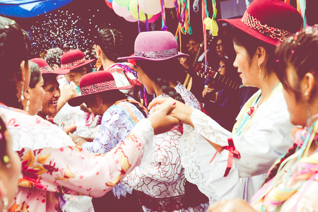 SUCRE, BOLIVIA - FEBRUARY 8, 2018: Dancers at Sucre Carnival in Bolivia.のeditorial素材