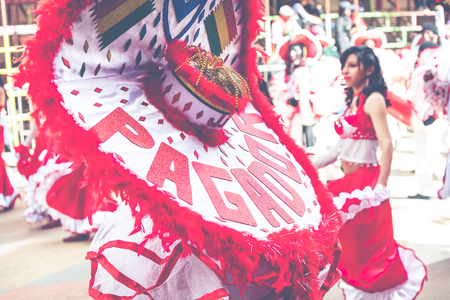 ORURO, BOLIVIA - FEBRUARY 10, 2018: Dancers at Oruro Carnival in Bolivia, declared UNESCO Cultural World Heritag on February 10, 2018 in Oruro, Boliviaのeditorial素材