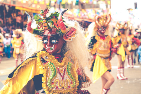 ORURO, BOLIVIA - FEBRUARY 10, 2018: Dancers at Oruro Carnival in Bolivia, declared UNESCO Cultural...