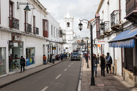 SUCRE, BOLIWIA - FEBRUARY 08, 2018: San Francisco church in Sucre, Bolivia. Sucre is the constitutional capital of Bolivia. Traditional colonial architecture, white houses.のeditorial素材