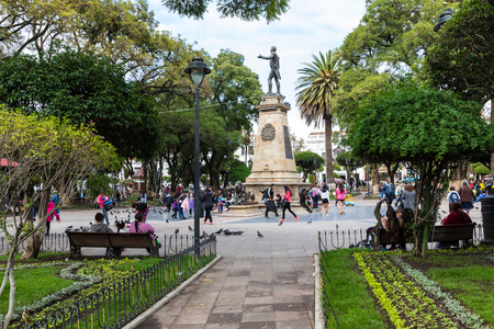 SUCRE, BOLIWIA - FEBRUARY 08, 2018:  Main square and the statue of Jose Antonio de Sucre. Sucre is the constitutional capital of Bolivia. Traditional colonial architecture, white houses.のeditorial素材