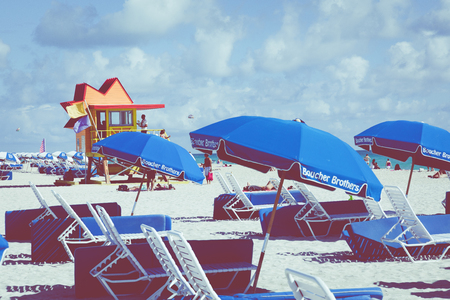 MIAMI BEACH, FLORIDA, USA - FEBRUARY 18, 2018: Lifeguard Tower in South Beach, Miami Beach, Florida.のeditorial素材
