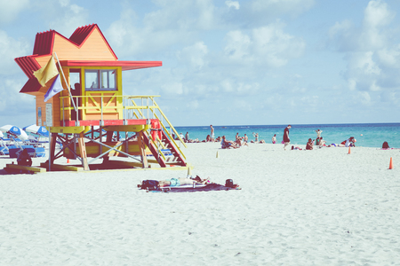 MIAMI BEACH, FLORIDA, USA - FEBRUARY 18, 2018: Lifeguard Tower in South Beach, Miami Beach, Florida.のeditorial素材