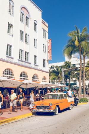 MIAMI BEACH, FLORIDA, USA - FEBRUARY 18, 2018: Vintage Car Parked along Ocean Drive in the Famous Art Deco District in South Beach. South Beach, FLのeditorial素材