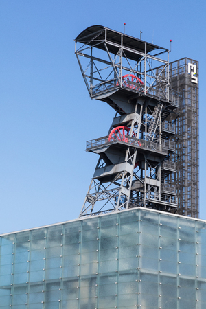 KATOWICE, POLAND - MAY 05, 2018: The modern buildings of Silesian Museum accompanied by a shaft of the former coal mine "Katowice", now adapted as an observation tower.のeditorial素材