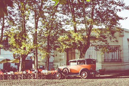 COLONIA DEL SACRAMENTO, URUGUAY - FEBRUARY 03, 2018: Old car parked in historic quarter in Colonia del Sacramento, Uruguay. Colonia del Sacramento is one of the oldest towns in Uruguay.のeditorial素材