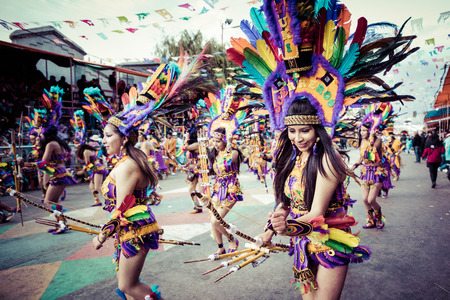 ORURO, BOLIVIA - FEBRUARY 10, 2018: Dancers at Oruro Carnival in Bolivia, declared UNESCO Cultural World Heritag on February 10, 2018 in Oruro, Boliviaのeditorial素材