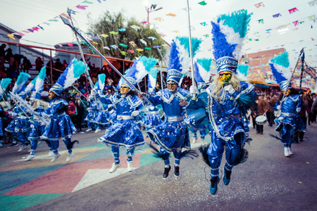 ORURO, BOLIVIA - FEBRUARY 10, 2018: Dancers at Oruro Carnival in Bolivia, declared UNESCO Cultural World Heritag on February 10, 2018 in Oruro, Boliviaのeditorial素材