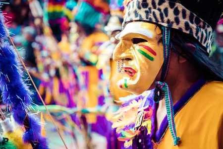 ORURO, BOLIVIA - FEBRUARY 10, 2018: Dancers at Oruro Carnival in Bolivia, declared UNESCO Cultural World Heritag on February 10, 2018 in Oruro, Boliviaのeditorial素材