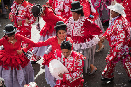 LA PAZ, BOLIVIA - FEBRUARY 11, 2018: Dancers at La Paz Carnival in Bolivia.のeditorial素材
