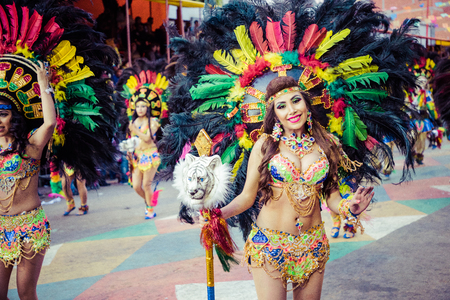 ORURO, BOLIVIA - FEBRUARY 10, 2018: Dancers at Oruro Carnival in Bolivia, declared UNESCO Cultural World Heritag on February 10, 2018 in Oruro, Boliviaのeditorial素材