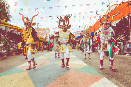 ORURO, BOLIVIA - FEBRUARY 10, 2018: Dancers at Oruro Carnival in Bolivia, declared UNESCO Cultural World Heritag on February 10, 2018 in Oruro, Boliviaのeditorial素材