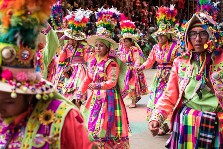 ORURO, BOLIVIA - FEBRUARY 10, 2018: Dancers at Oruro Carnival in Bolivia, declared UNESCO Cultural World Heritag on February 10, 2018 in Oruro, Boliviaのeditorial素材