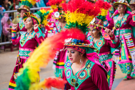 ORURO, BOLIVIA - FEBRUARY 10, 2018: Dancers at Oruro Carnival in Bolivia, declared UNESCO Cultural World Heritag on February 10, 2018 in Oruro, Boliviaのeditorial素材
