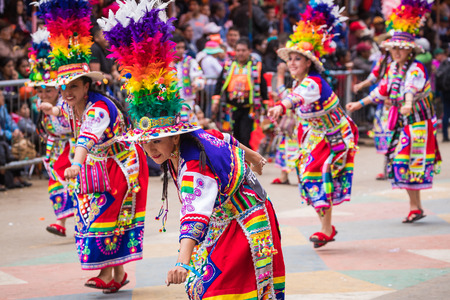 ORURO, BOLIVIA - FEBRUARY 10, 2018: Dancers at Oruro Carnival in Bolivia, declared UNESCO Cultural World Heritag on February 10, 2018 in Oruro, Boliviaのeditorial素材