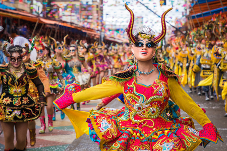 ORURO, BOLIVIA - FEBRUARY 10, 2018: Dancers at Oruro Carnival in Bolivia, declared UNESCO Cultural World Heritag on February 10, 2018 in Oruro, Boliviaのeditorial素材