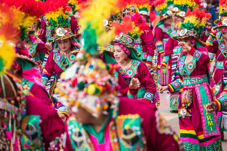 ORURO, BOLIVIA - FEBRUARY 10, 2018: Dancers at Oruro Carnival in Bolivia, declared UNESCO Cultural World Heritag on February 10, 2018 in Oruro, Boliviaのeditorial素材