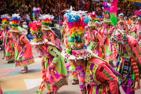 ORURO, BOLIVIA - FEBRUARY 10, 2018: Dancers at Oruro Carnival in Bolivia, declared UNESCO Cultural World Heritag on February 10, 2018 in Oruro, Boliviaのeditorial素材