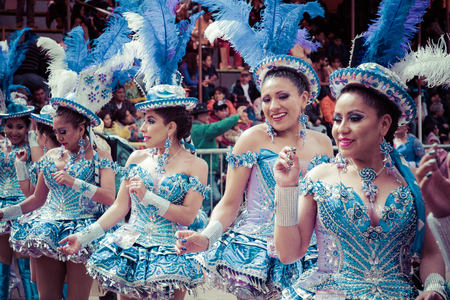 ORURO, BOLIVIA - FEBRUARY 10, 2018: Dancers at Oruro Carnival in Bolivia, declared UNESCO Cultural...