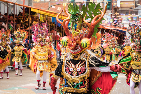 ORURO, BOLIVIA - FEBRUARY 10, 2018: Dancers at Oruro Carnival in Bolivia, declared UNESCO Cultural World Heritag on February 10, 2018 in Oruro, Boliviaのeditorial素材