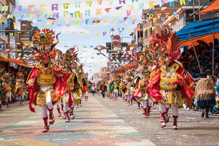 ORURO, BOLIVIA - FEBRUARY 10, 2018: Dancers at Oruro Carnival in Bolivia, declared UNESCO Cultural World Heritag on February 10, 2018 in Oruro, Boliviaのeditorial素材