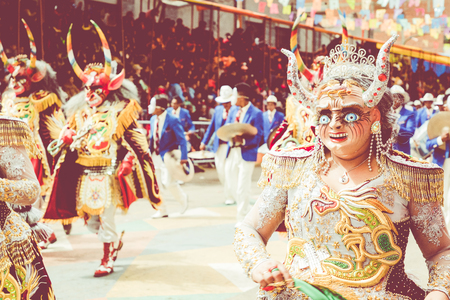 ORURO, BOLIVIA - FEBRUARY 10, 2018: Dancers at Oruro Carnival in Bolivia, declared UNESCO Cultural World Heritag on February 10, 2018 in Oruro, Boliviaのeditorial素材