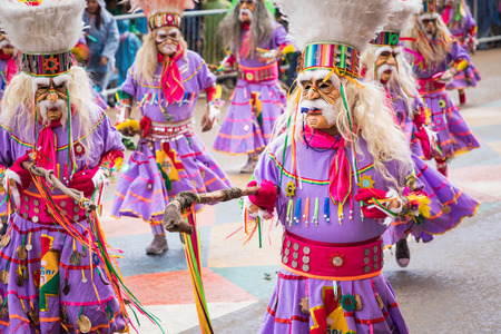 ORURO, BOLIVIA - FEBRUARY 10, 2018: Dancers at Oruro Carnival in Bolivia, declared UNESCO Cultural World Heritag on February 10, 2018 in Oruro, Boliviaのeditorial素材