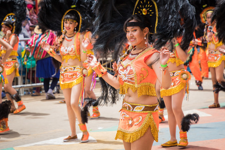 ORURO, BOLIVIA - FEBRUARY 10, 2018: Dancers at Oruro Carnival in Bolivia, declared UNESCO Cultural World Heritag on February 10, 2018 in Oruro, Boliviaのeditorial素材
