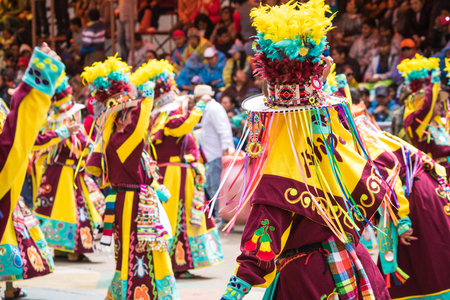 ORURO, BOLIVIA - FEBRUARY 10, 2018: Dancers at Oruro Carnival in Bolivia, declared UNESCO Cultural World Heritag on February 10, 2018 in Oruro, Boliviaのeditorial素材