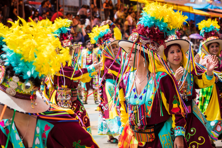ORURO, BOLIVIA - FEBRUARY 10, 2018: Dancers at Oruro Carnival in Bolivia, declared UNESCO Cultural World Heritag on February 10, 2018 in Oruro, Boliviaのeditorial素材
