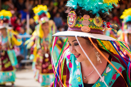 ORURO, BOLIVIA - FEBRUARY 10, 2018: Dancers at Oruro Carnival in Bolivia, declared UNESCO Cultural World Heritag on February 10, 2018 in Oruro, Boliviaのeditorial素材