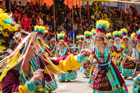 ORURO, BOLIVIA - FEBRUARY 10, 2018: Dancers at Oruro Carnival in Bolivia, declared UNESCO Cultural World Heritag on February 10, 2018 in Oruro, Boliviaのeditorial素材