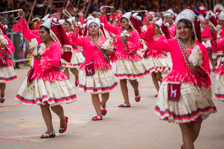 ORURO, BOLIVIA - FEBRUARY 10, 2018: Dancers at Oruro Carnival in Bolivia, declared UNESCO Cultural World Heritag on February 10, 2018 in Oruro, Boliviaのeditorial素材