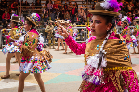 ORURO, BOLIVIA - FEBRUARY 10, 2018: Dancers at Oruro Carnival in Bolivia, declared UNESCO Cultural World Heritag on February 10, 2018 in Oruro, Boliviaのeditorial素材