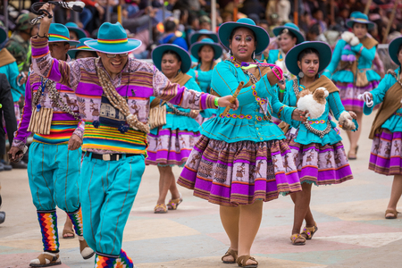 ORURO, BOLIVIA - FEBRUARY 10, 2018: Dancers at Oruro Carnival in Bolivia, declared UNESCO Cultural World Heritag on February 10, 2018 in Oruro, Boliviaのeditorial素材