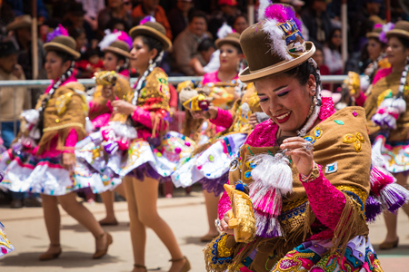 ORURO, BOLIVIA - FEBRUARY 10, 2018: Dancers at Oruro Carnival in Bolivia, declared UNESCO Cultural World Heritag on February 10, 2018 in Oruro, Boliviaのeditorial素材