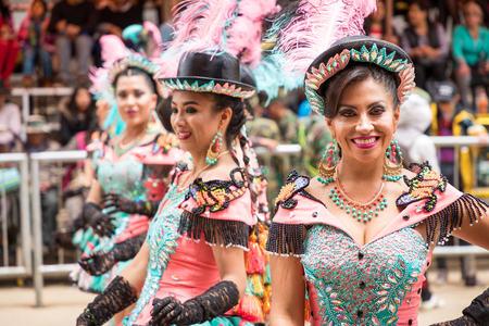 ORURO, BOLIVIA - FEBRUARY 10, 2018: Dancers at Oruro Carnival in Bolivia, declared UNESCO Cultural World Heritag on February 10, 2018 in Oruro, Boliviaのeditorial素材