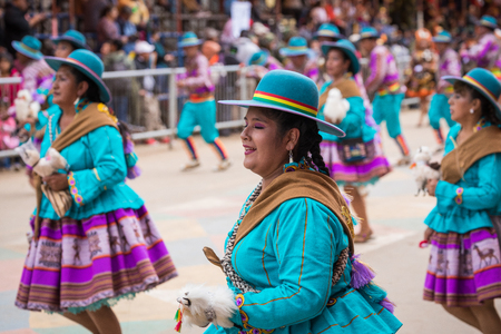 ORURO, BOLIVIA - FEBRUARY 10, 2018: Dancers at Oruro Carnival in Bolivia, declared UNESCO Cultural World Heritag on February 10, 2018 in Oruro, Boliviaのeditorial素材