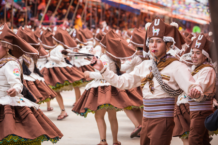 ORURO, BOLIVIA - FEBRUARY 10, 2018: Dancers at Oruro Carnival in Bolivia, declared UNESCO Cultural World Heritag on February 10, 2018 in Oruro, Boliviaのeditorial素材