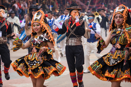 ORURO, BOLIVIA - FEBRUARY 10, 2018: Dancers at Oruro Carnival in Bolivia, declared UNESCO Cultural World Heritag on February 10, 2018 in Oruro, Boliviaのeditorial素材