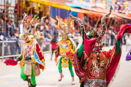 ORURO, BOLIVIA - FEBRUARY 10, 2018: Dancers at Oruro Carnival in Bolivia, declared UNESCO Cultural World Heritag on February 10, 2018 in Oruro, Boliviaのeditorial素材