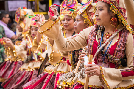 ORURO, BOLIVIA - FEBRUARY 10, 2018: Dancers at Oruro Carnival in Bolivia, declared UNESCO Cultural World Heritag on February 10, 2018 in Oruro, Boliviaのeditorial素材