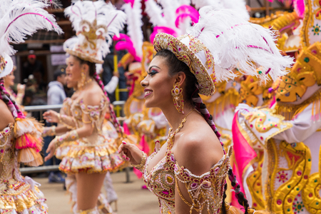 ORURO, BOLIVIA - FEBRUARY 10, 2018: Dancers at Oruro Carnival in Bolivia, declared UNESCO Cultural World Heritag on February 10, 2018 in Oruro, Boliviaのeditorial素材