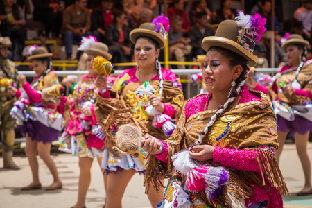 ORURO, BOLIVIA - FEBRUARY 10, 2018: Dancers at Oruro Carnival in Bolivia, declared UNESCO Cultural World Heritag on February 10, 2018 in Oruro, Boliviaのeditorial素材