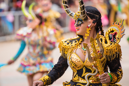 ORURO, BOLIVIA - FEBRUARY 10, 2018: Dancers at Oruro Carnival in Bolivia, declared UNESCO Cultural World Heritag on February 10, 2018 in Oruro, Boliviaのeditorial素材