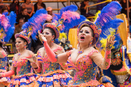ORURO, BOLIVIA - FEBRUARY 10, 2018: Dancers at Oruro Carnival in Bolivia, declared UNESCO Cultural World Heritag on February 10, 2018 in Oruro, Boliviaのeditorial素材